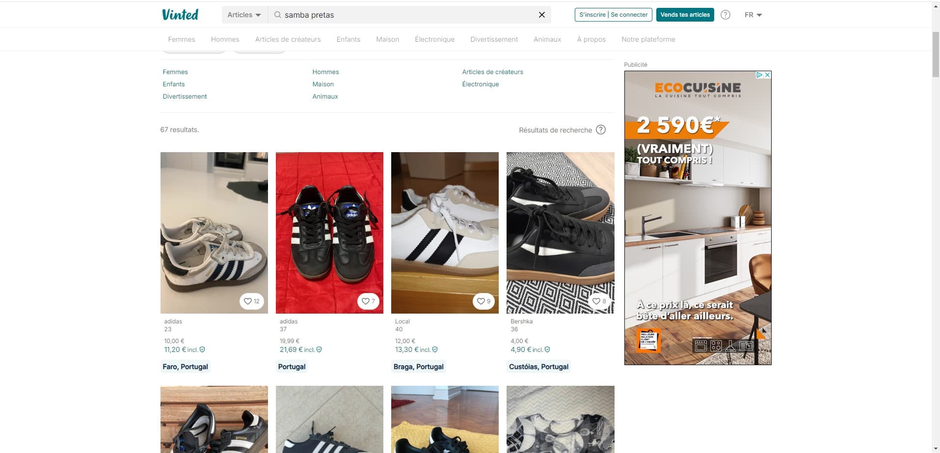 A Vinted search where each result carries a tag with the seller's city and country